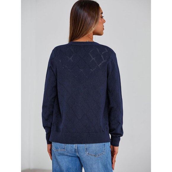 Women's Knit Cardigan Sweater Long Sleeve Open Front Diamond Pattern - Picture 3 of 5